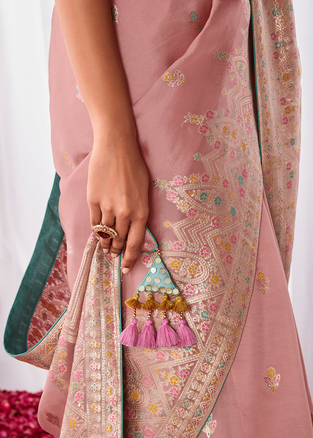 Crepe Pink Kora Silk Saree with Meenakari Pallu & Designer Blouse