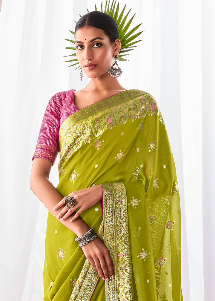 Avocado Green Kora Silk Saree with Meenakari Pallu & Designer Blouse