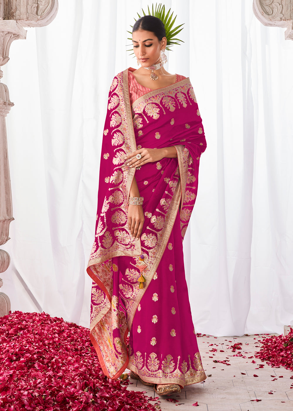 Magenta Pink Kora Silk Saree with Meenakari Pallu & Designer Blouse