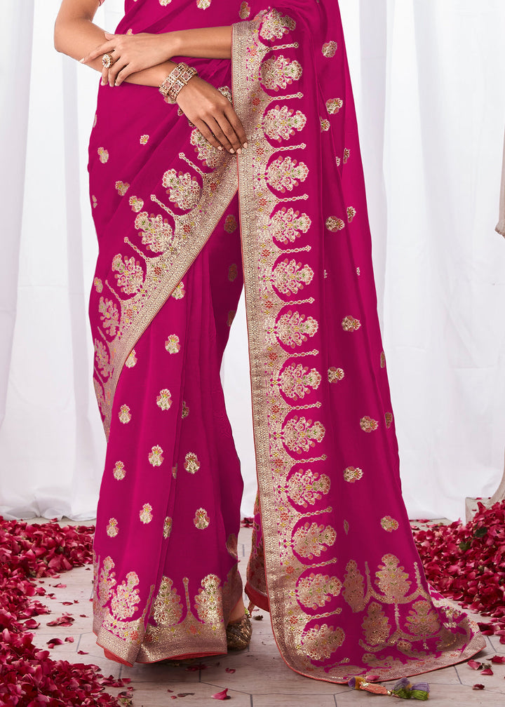 Magenta Pink Kora Silk Saree with Meenakari Pallu & Designer Blouse