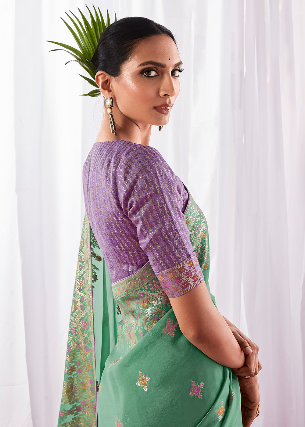 Jungle Green Kora Silk Saree with Meenakari Pallu & Designer Blouse