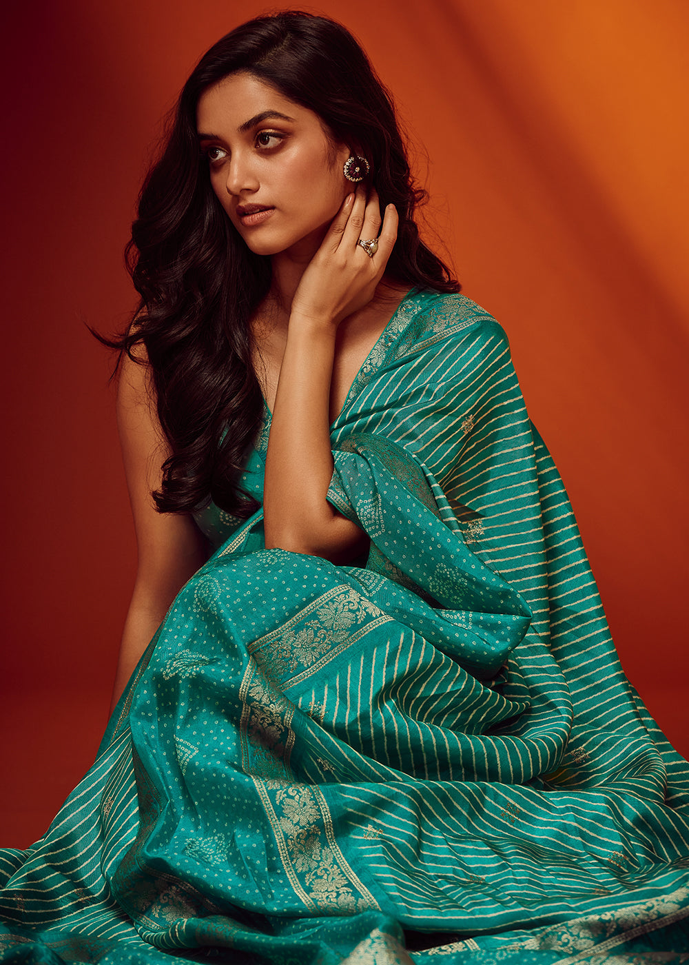 Blue Green Bandhani Printed Woven Viscose Silk Saree