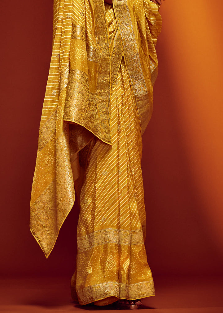 Mikado Yellow Bandhani Printed Woven Viscose Silk Saree