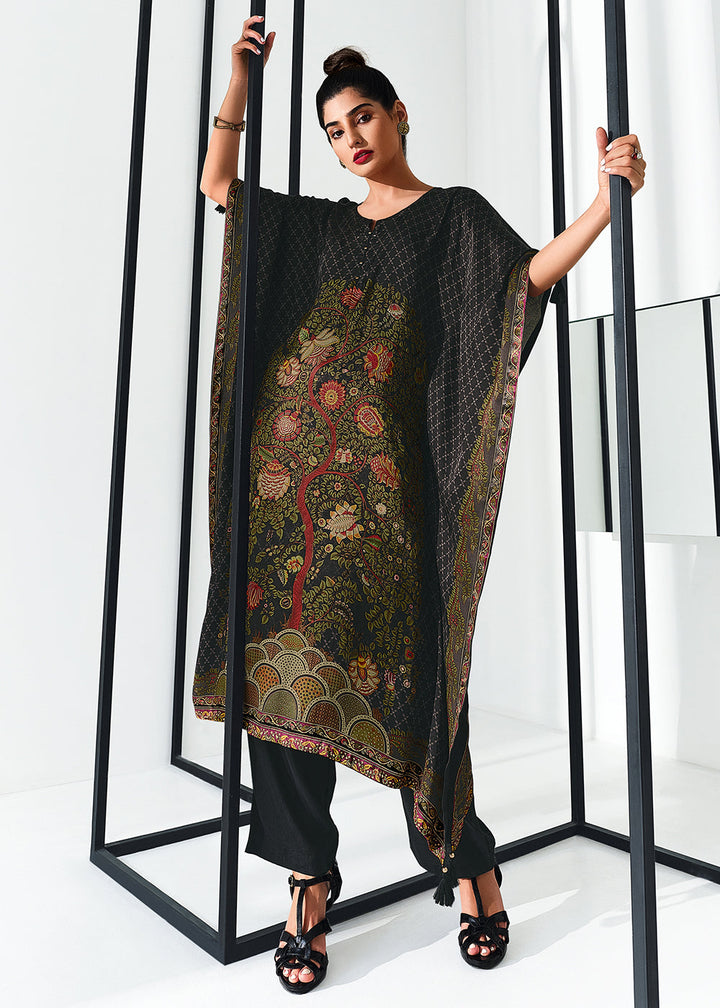 Ebony Black Digitally Printed Gaji Silk Kaftan Set
