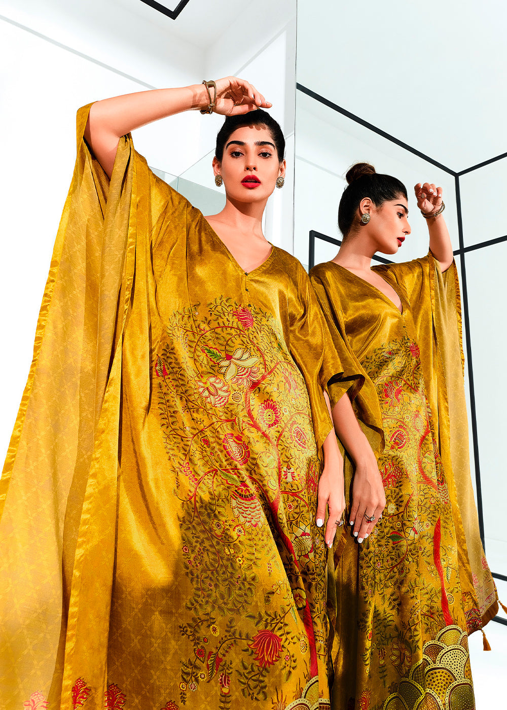 Canary Yellow Digitally Printed Gaji Silk Kaftan Set