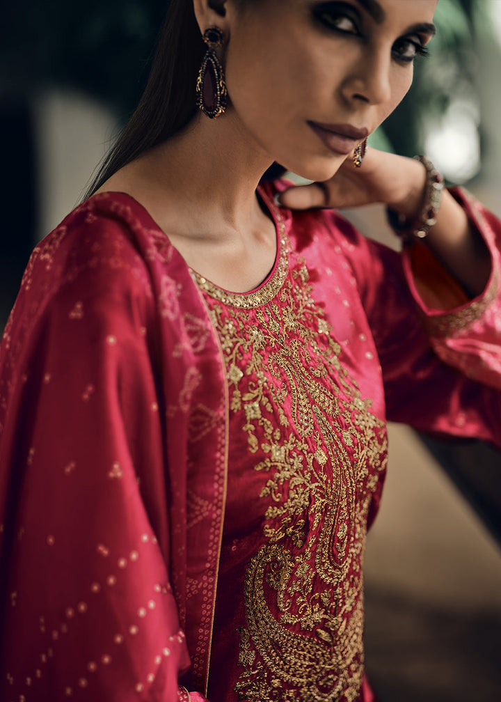 Neon Fuschia Pink Bandhani Printed Velvet Salwar Suit With Embroidery Work
