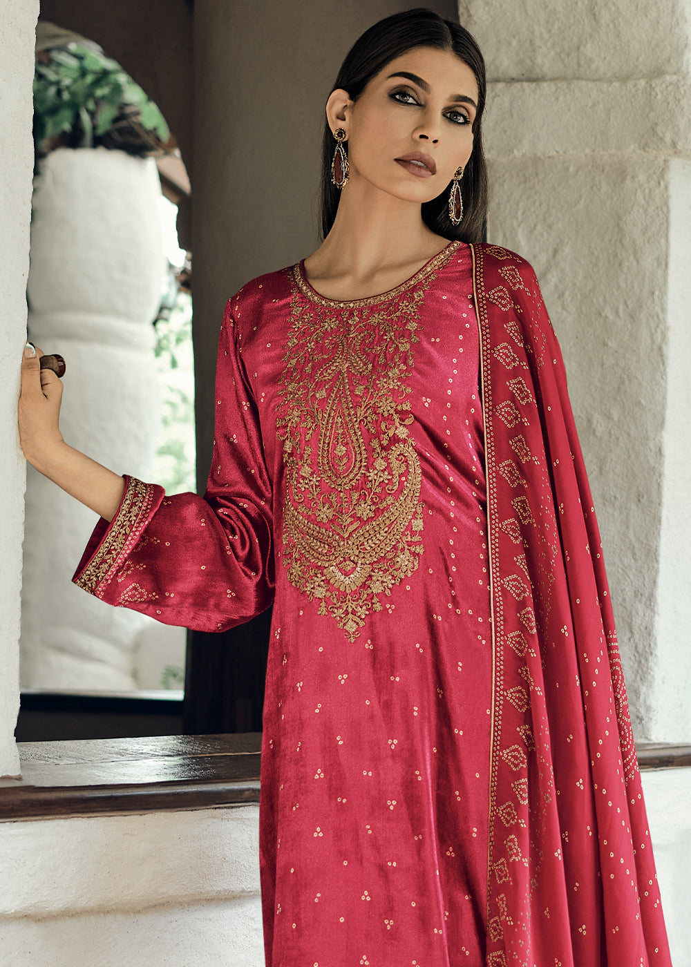 Neon Fuschia Pink Bandhani Printed Velvet Salwar Suit With Embroidery Work