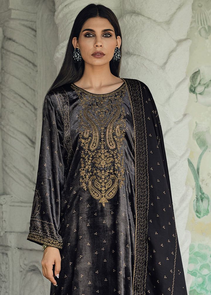 Grease Black Bandhani Printed Velvet Salwar Suit With Embroidery Work