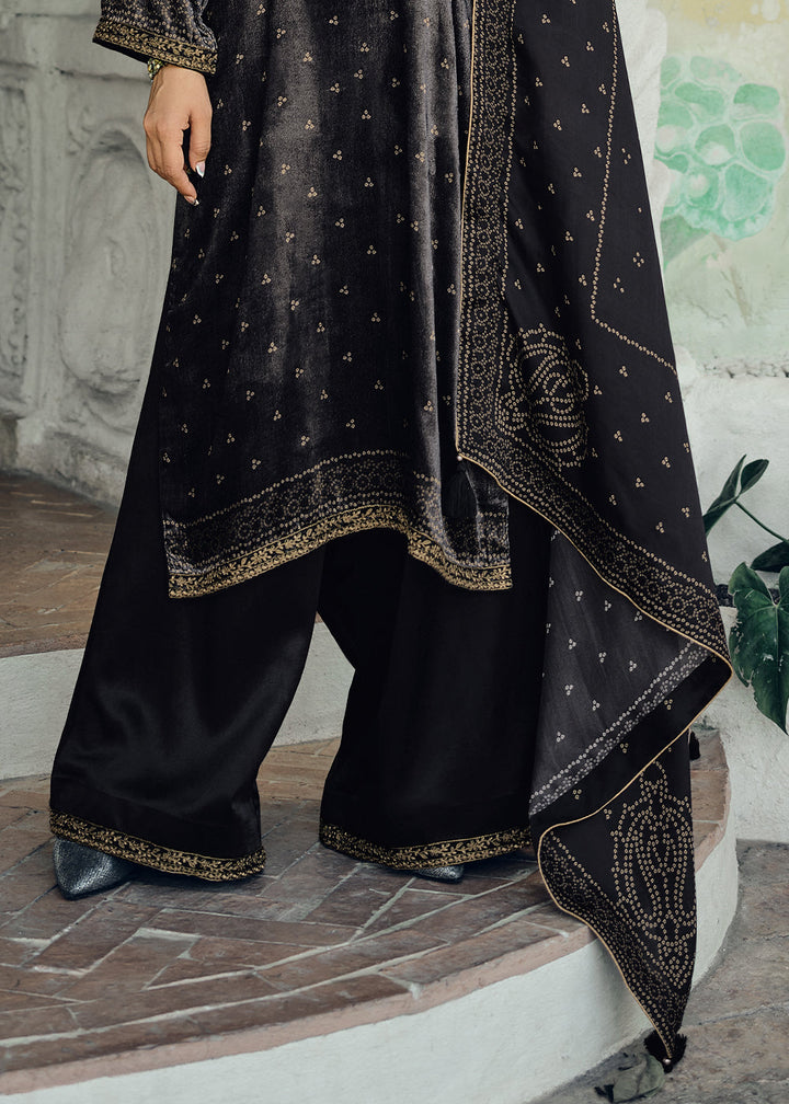 Grease Black Bandhani Printed Velvet Salwar Suit With Embroidery Work