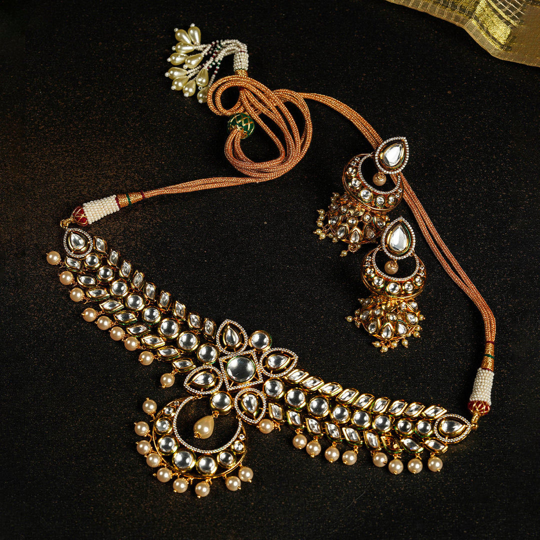 White Kundan Necklace Set with Stones & Beads