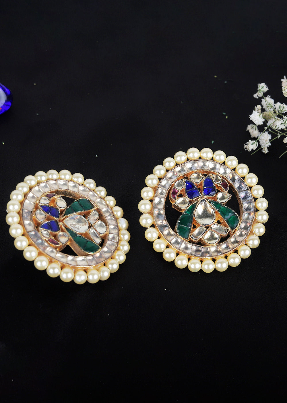 Multi Coloured Kundan Earrings Having Pearl work