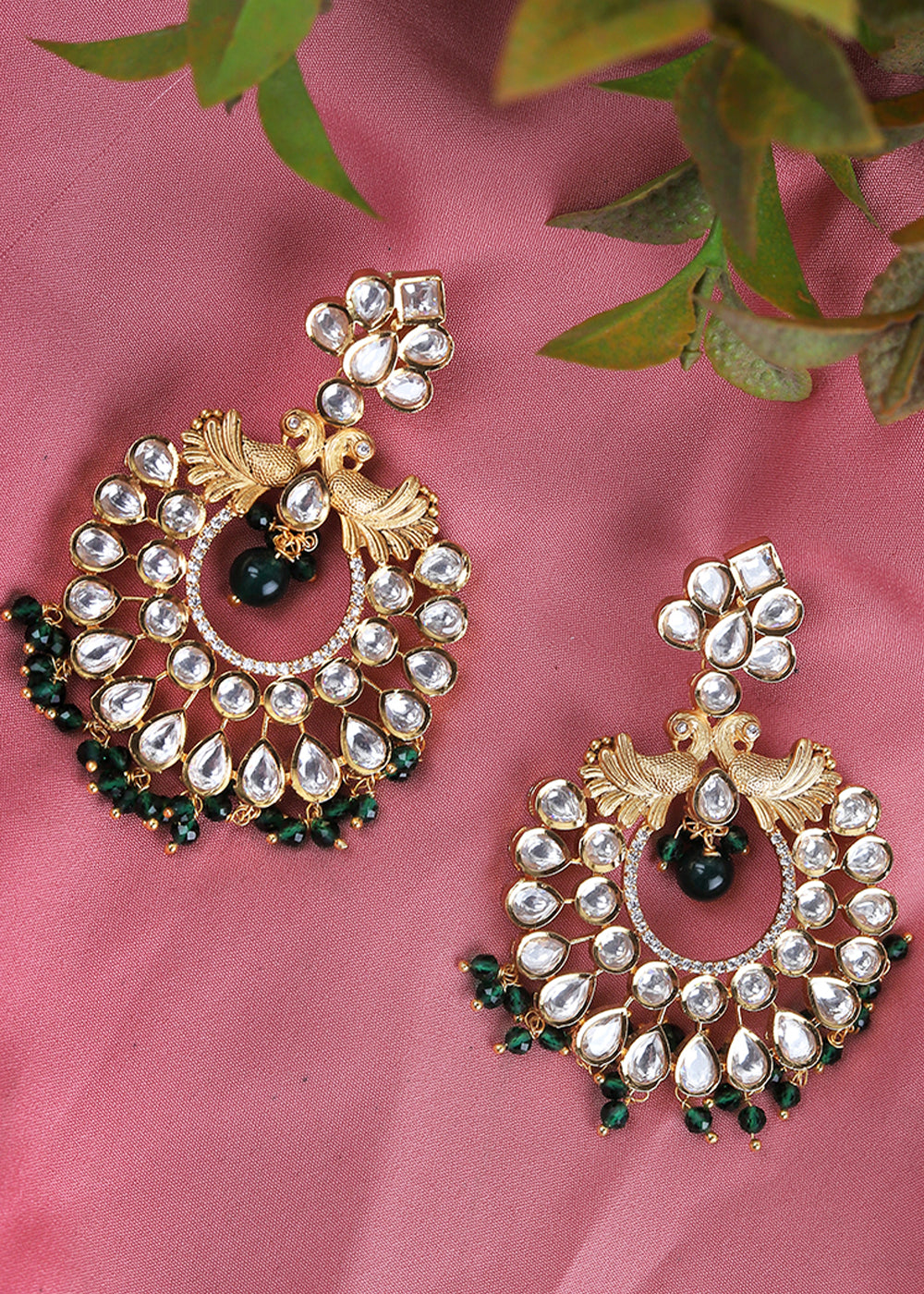 Green & White Kundan Chanbali Earrings Having Beads work