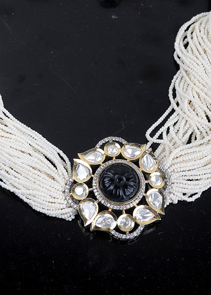 White & Blue Kundan Necklace Set Having Stone & Pearl work