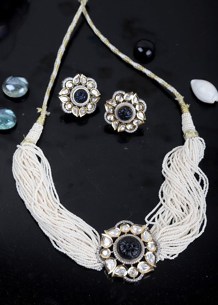 White & Blue Kundan Necklace Set Having Stone & Pearl work