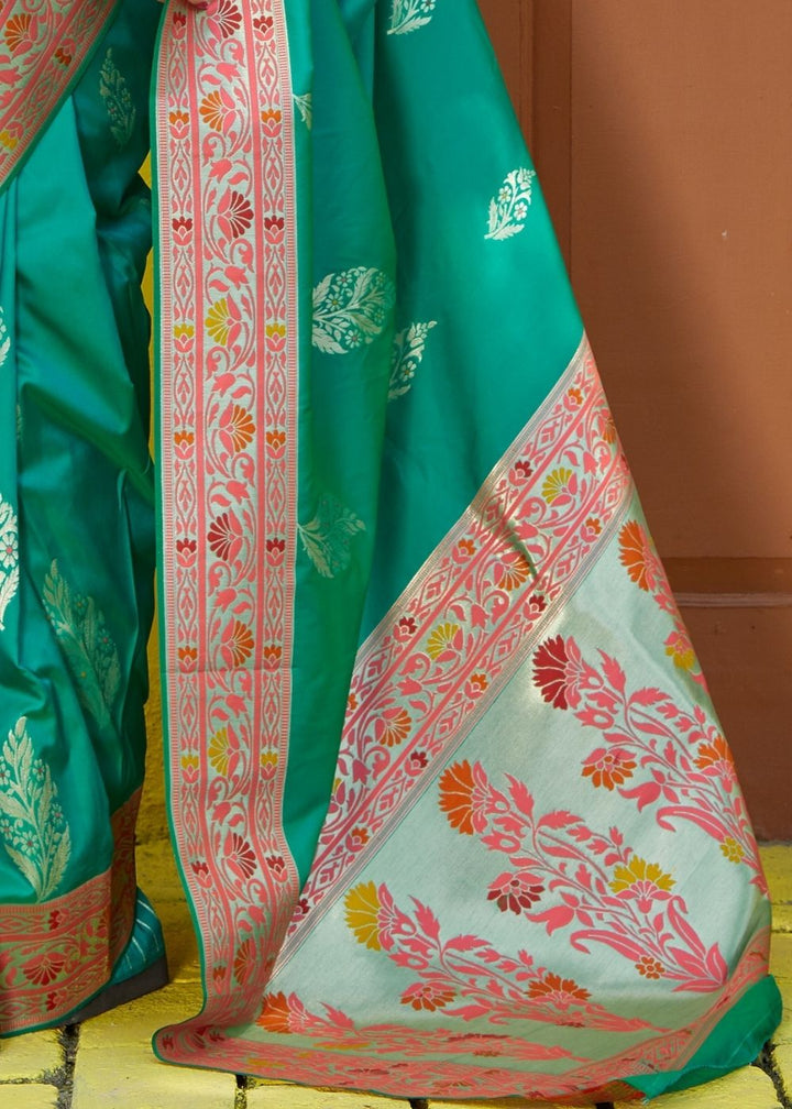 Teal Green Silk Saree with Floral Zari Border and Silver Buti Design