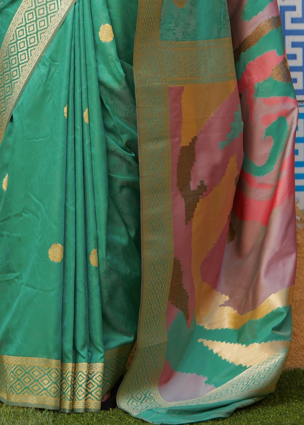 Mint Green Silk Saree with Zari Border and Abstract Digital Print on Pallu