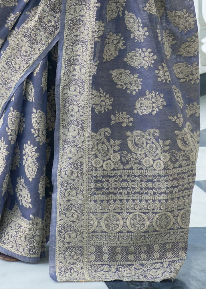 Ocean Blue Lucknowi Chikankari Weaving Silk Saree