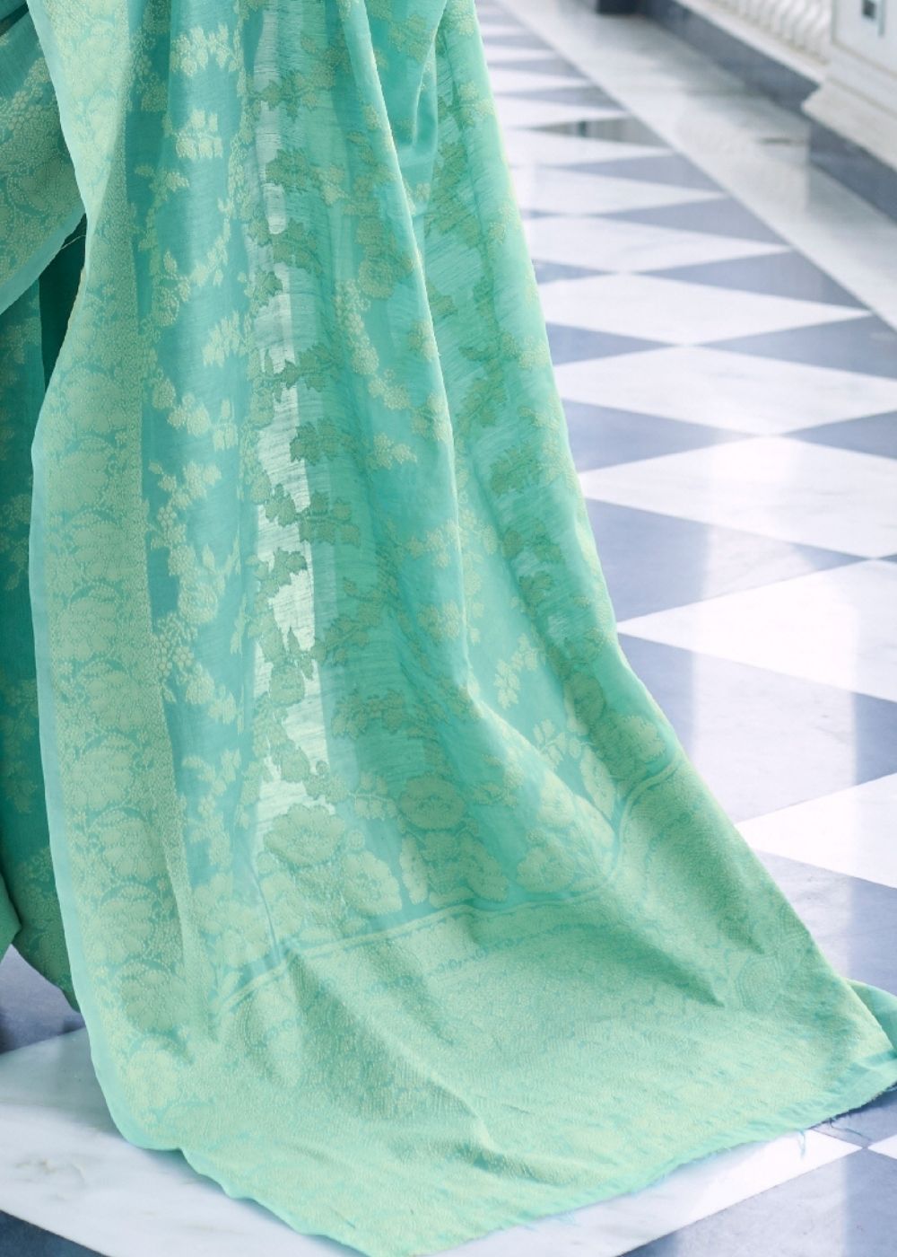 Caribbean Green Lucknowi Chikankari Weaving Silk Saree