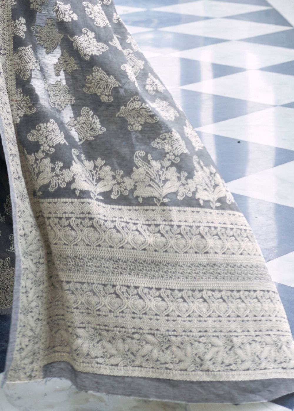 Silver Grey Lucknowi Chikankari Weaving Silk Saree