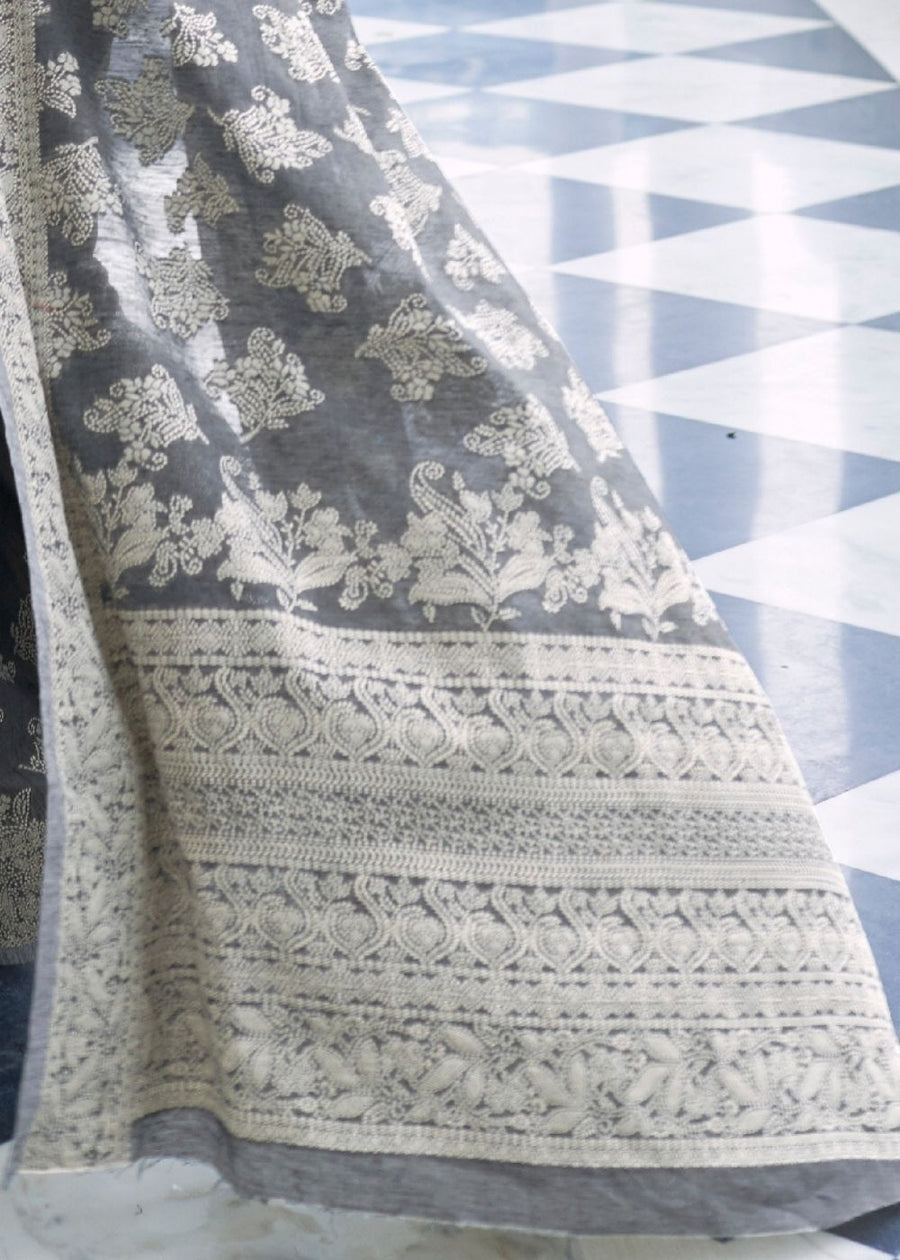 Silver Grey Lucknowi Chikankari Weaving Silk Saree – Ethnos