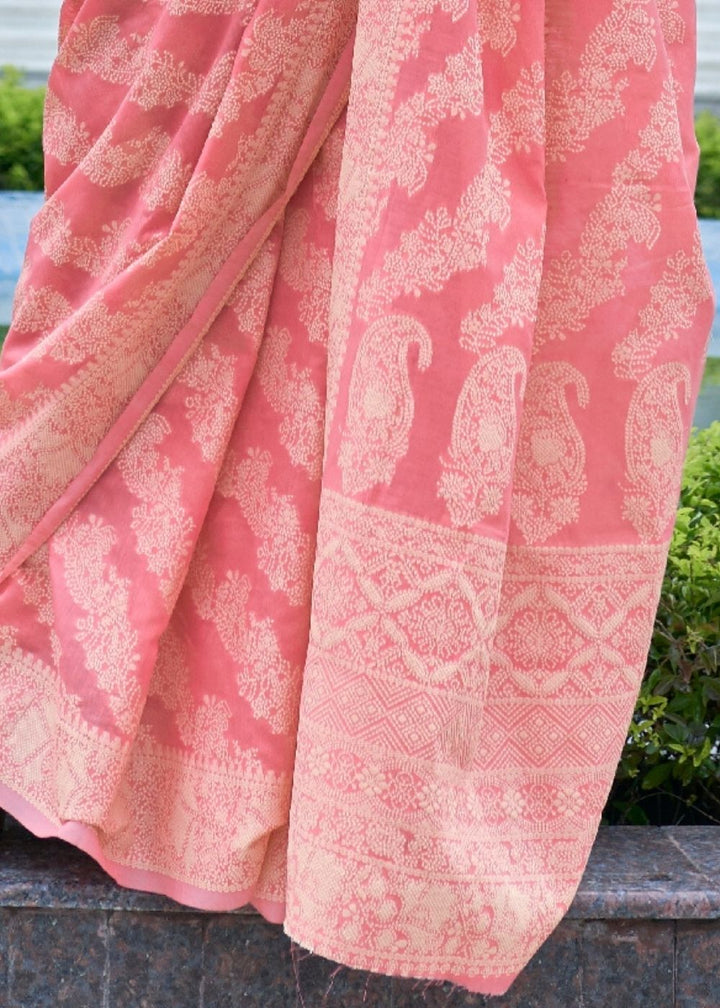Taffy Pink Lucknowi Chikankari Weaving Silk Saree